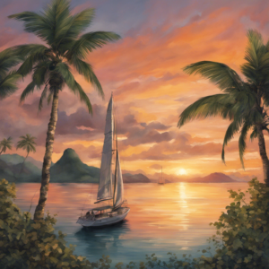 Aerial view of a sunset over the Pearl Islands in the country of Panama with a sailboat cruising across the ocean