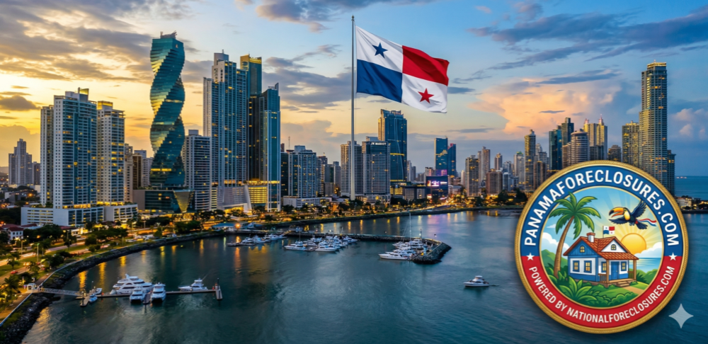 Panama-City-Waterfront-Skyline-with-Official-Panama-Flag-and-PanamaForeclosures.com